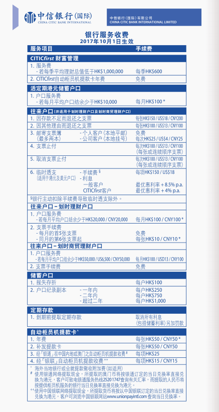 香港中信銀行(國際)收費標(biāo)準(zhǔn)1